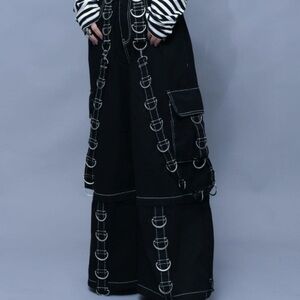 Black Wide-Leg Pants with Silver Buckle Details